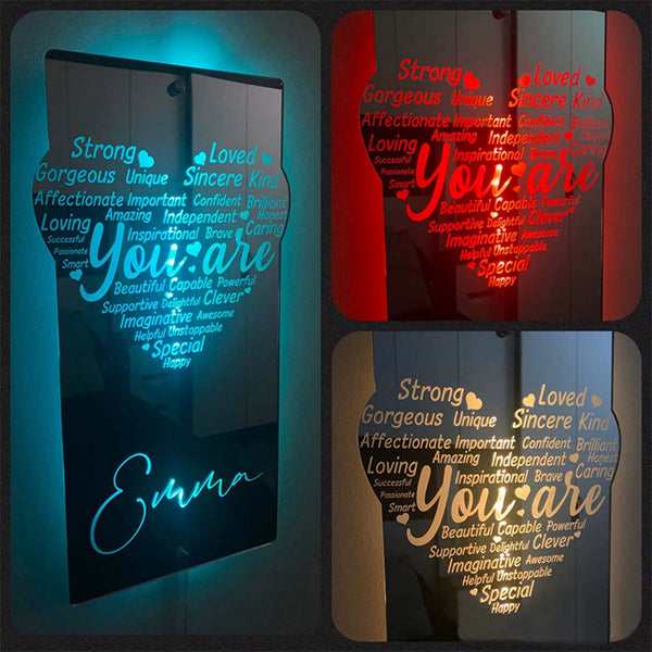 Custom Engraved Affirmation Heart Mirror Light Colorful Bedroom Lamp Mother's Day Anniversary Birthday Gifts