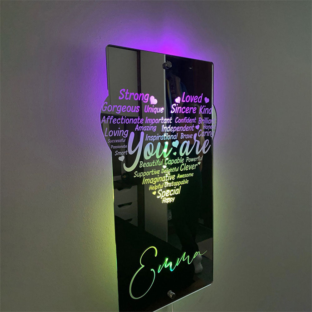 Custom Engraved Affirmation Heart Mirror Light Colorful Bedroom Lamp Mother's Day Anniversary Birthday Gifts