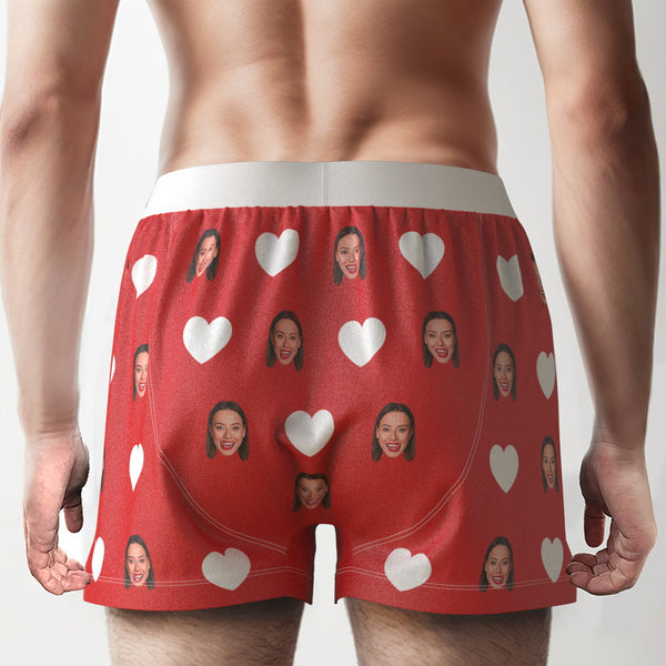 Custom Face Red Heart Design Boxer Shorts with Personalized Text on the Waistband Personalized Underwear for Him - SantaSocks