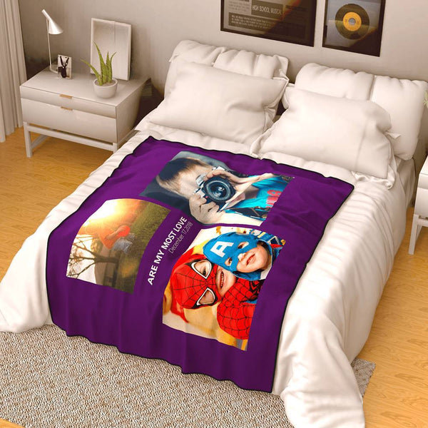 Personalized Family Photo Fleece Blanket with Text - 3 Photos