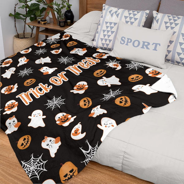 Custom Blanket with Text Personalized Halloween Gift For Family - Ghost and Pumpkin