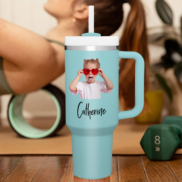 Personalized Photo Name 40oz Insulated Mug with Handle and Straw Stainless Steel Custom Travel Cup Gift for Family Friends Couples - SantaSocks