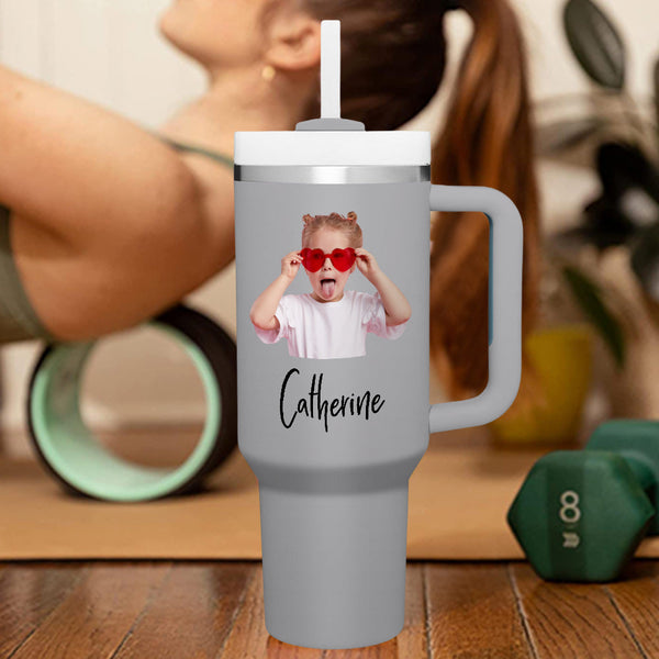Personalized Photo Name 40oz Insulated Mug with Handle and Straw Stainless Steel Custom Travel Cup Gift for Family Friends Couples - SantaSocks