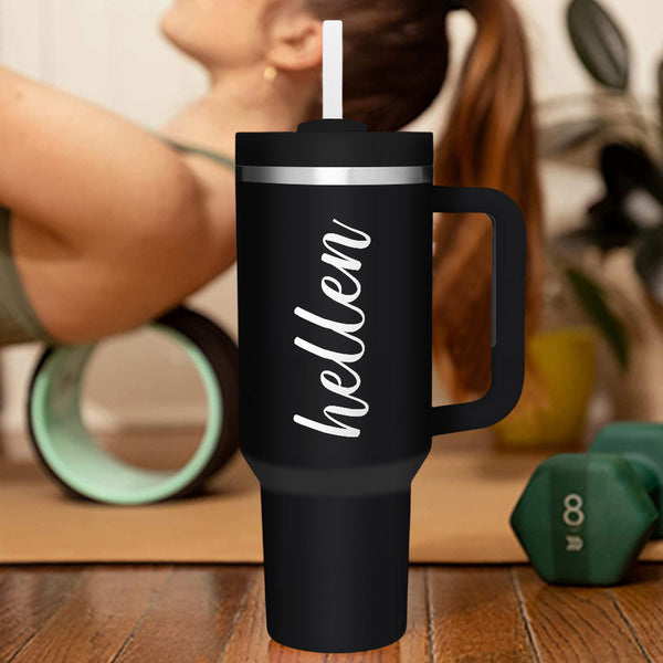 Personalized Text 40oz Insulated Mug with Handle and Straw Stainless Steel Custom Travel Cup Gift for Family Friends Couples - SantaSocks