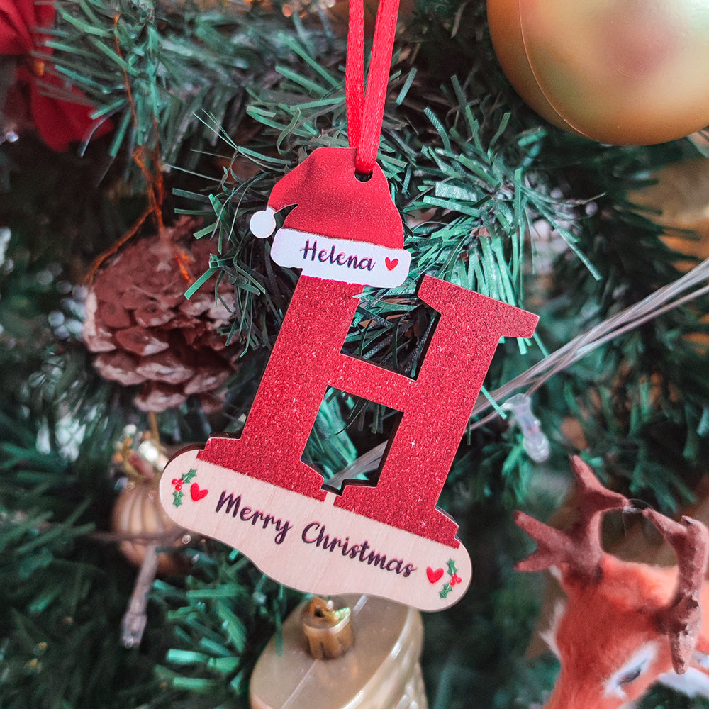 Personalized Christmas Letter Ornament with Red Hat Custom Name Christmas Tree Decoration