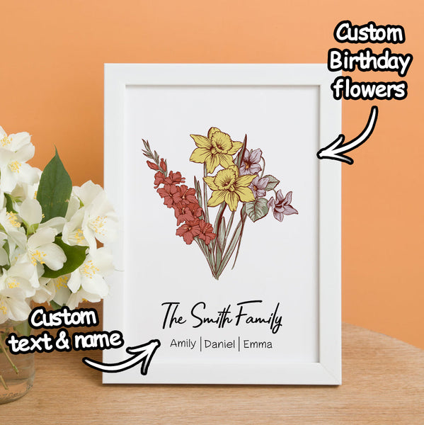 Personalized Birth flower Bouquet White Names Frame Gift for Mom - SantaSocks