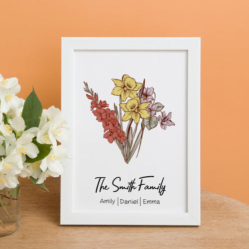 Personalized Birth flower Bouquet White Names Frame Gift for Mom - SantaSocks