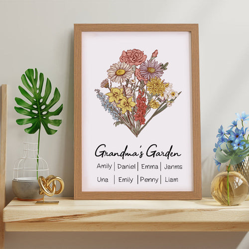 Personalized Birth flower Bouquet Beech Wood Names Frame Gift for Mom - SantaSocks