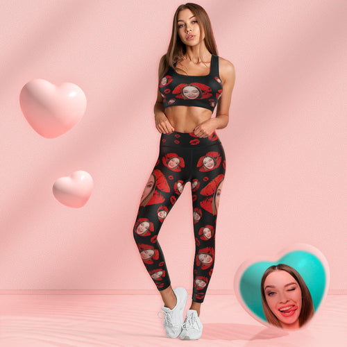 Custom Face Leggings and Tank Top Yoga Clothing Suit Gift for Her - Red Lips
