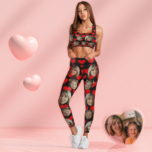 Custom Face Leggings and Tank Top Yoga Clothing Suit Mother's Day Gift - Red Heart