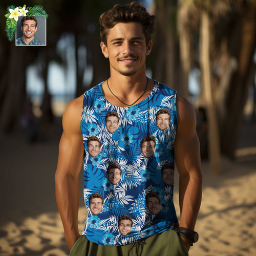 Custom Thick Face Tank Tops Men's Sleeveless Shirt All Over Print Blue - SantaSocks