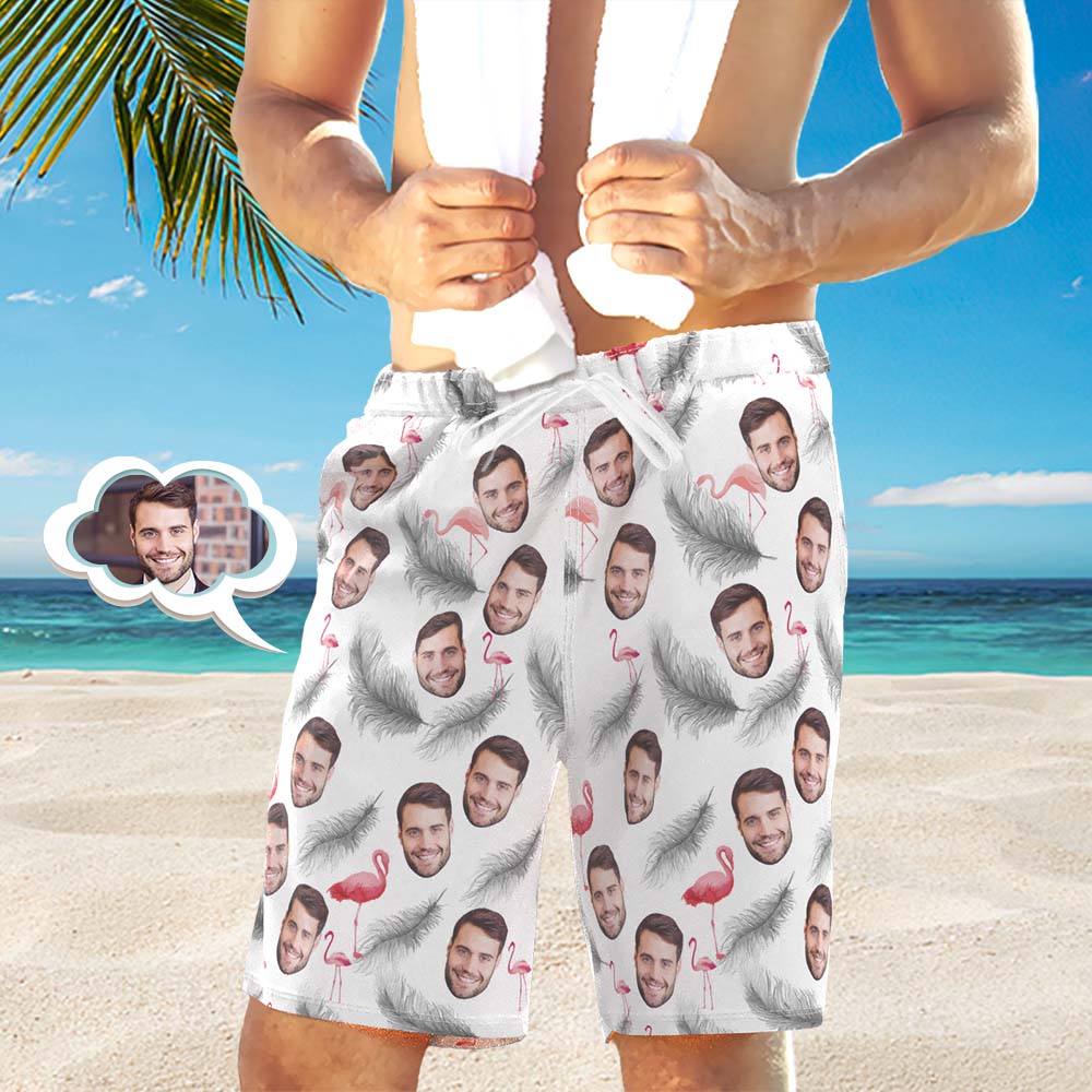 Men's Custom Face Beach Trunks All Over Print Photo Shorts - Feather And Flamingo White