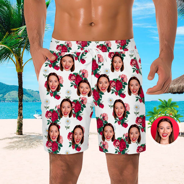 Men's Custom Face Beach Trunks All Over Print Photo Shorts Rose Flower
