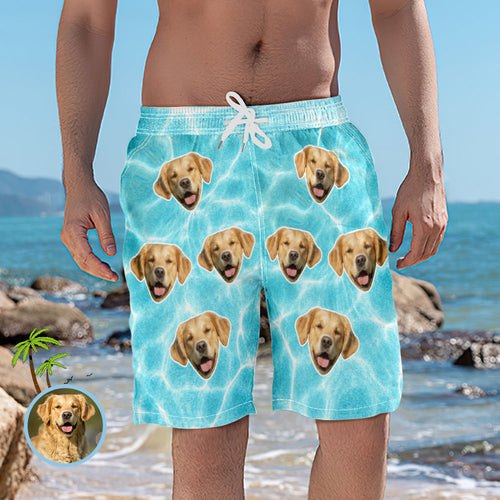 Custom Beach Short with Face Blue Wavy Texture Personalized Photo Swim Trunks for Men