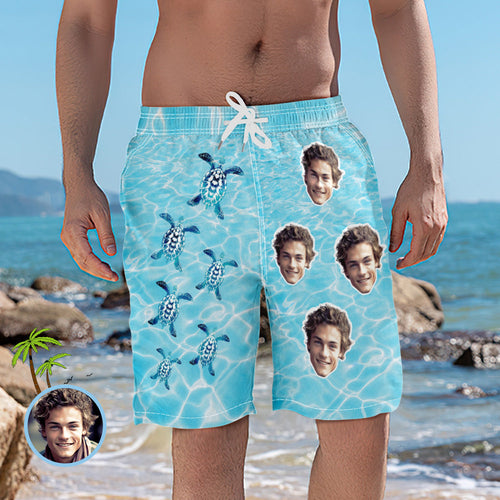 Custom Beach Short with Face Turtle Print Personalized Photo Swim Trunks for Men
