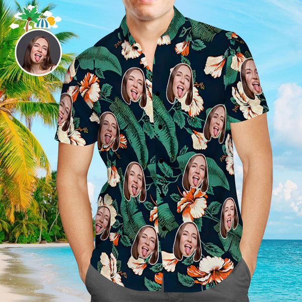Custom Face Shirt Personalized Photo Men's Hawaiian Shirt Orange Flowers Design Aloha Beach Shirt