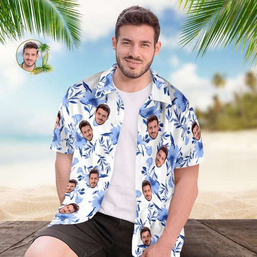 Custom Face All Over Print Men's Hawaiian Shirt Blue Leaves Gift for Him