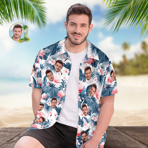 Custom Face All Over Print Men's Hawaiian Shirt Flamingo and Flowers Blue Leaves