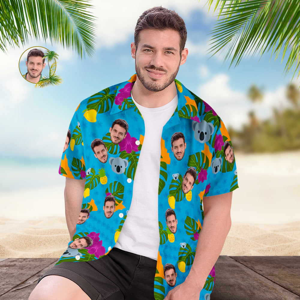 Custom Face All Over Print Men's Hawaiian Shirt Cute Koala and Leaves Gift for Him