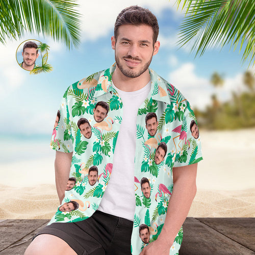 Custom Men's Shirt Face All Over Print  Hawaiian Shirt Green Leaves and Flamingo