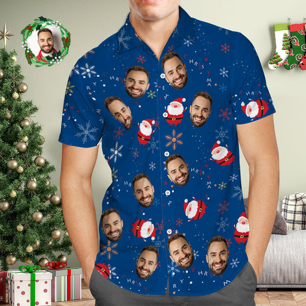 Custom Face Hawaiian Shirt Personalized Photo Blue Hawaiian Shirts Cute Santa Claus Merry Christmas