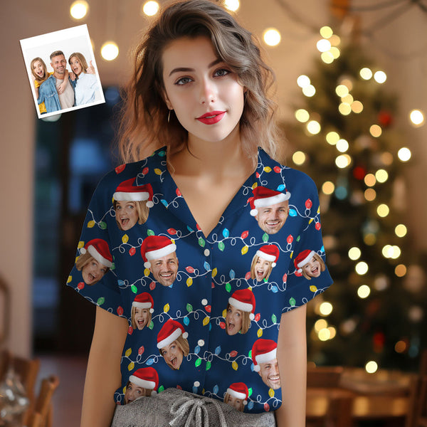 Custom Face Women's Hawaiian Shirts Personalized Photo Christmas Family Xmas Leds Aloha Shirts