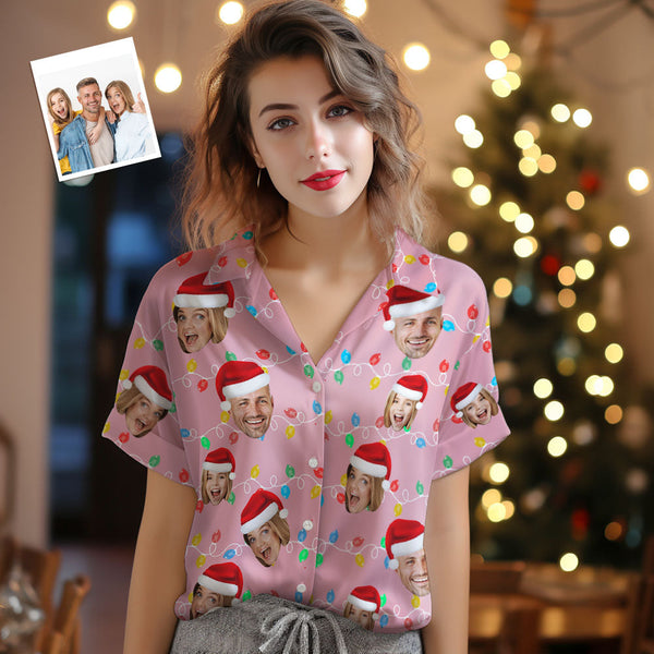 Custom Face Women's Hawaiian Shirts Personalized Photo Christmas Family Xmas Leds Aloha Shirts
