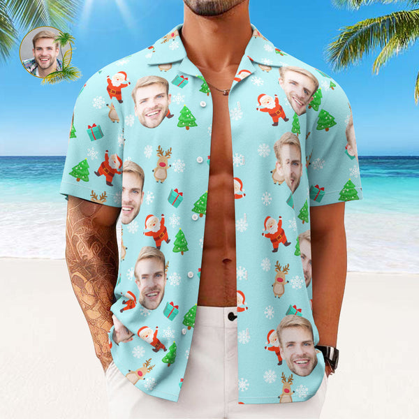 Custom Face Hawaiian Shirts Personalized Photo Gift Men's Christmas Shirts Cute Santa Claus and Reindeer