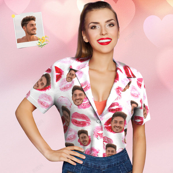 Custom Face Hawaiian Shirt for Women Personalized Women's Photo Hawaiian Shirt Gift for Her - Red lips