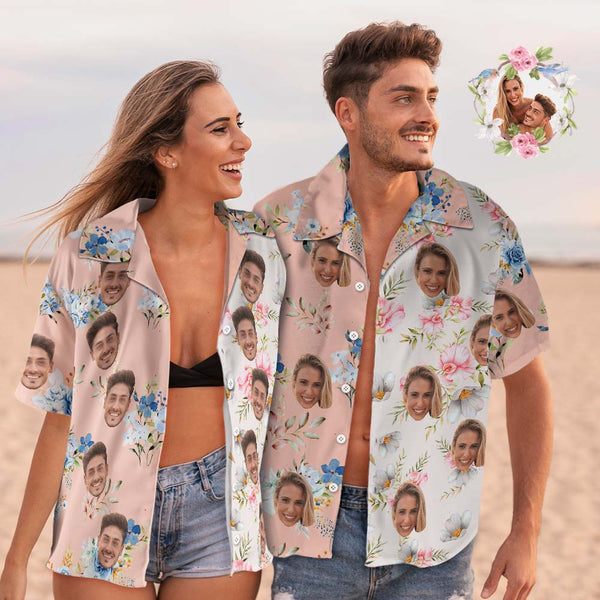 Custom Face Hawaiian Shirt Shirt Couple Outfit Patchwork Printing Shirt Valentine's Day Gifts
