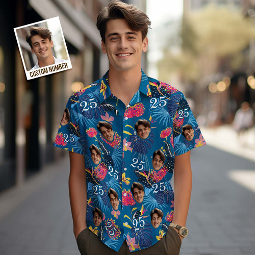 Custom Face Hawaiian Shirt Number and Face Hawaiian Shirt Dark Blue Sleeves and Pink Flowers - SantaSocks