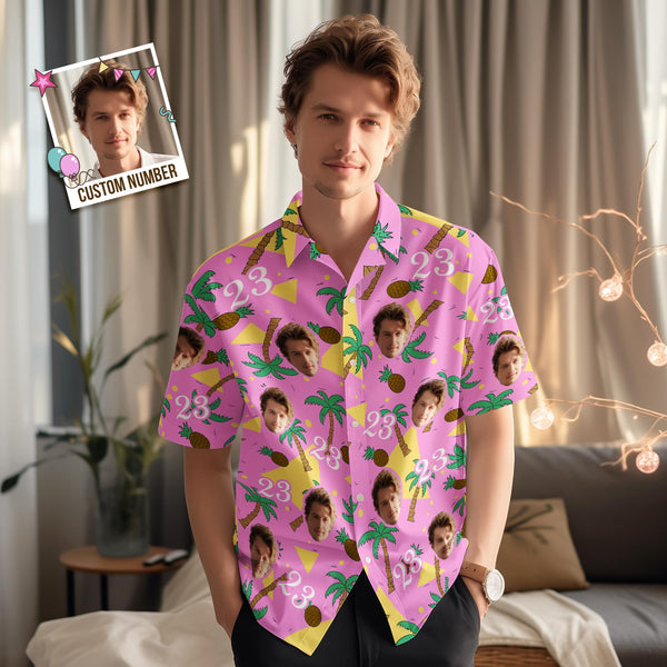 Custom Multi-color Face and Numbers Hawaiian Shirt Coconut Tree and Pineapple Gift for Men - SantaSocks