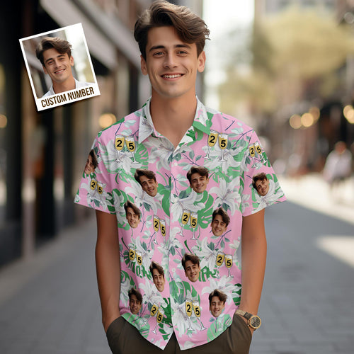 Custom Face Hawaiian Shirt Number in Wine Glass Pink And Green Sleeves Face Hawaiian Shirt Gift for Him - SantaSocks