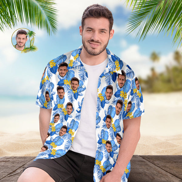 Custom Hawaiian Shirt for Men Personalized Short Sleeves Shirt with Picture Face Photo Printed Hawaii Shirt Blue Flower