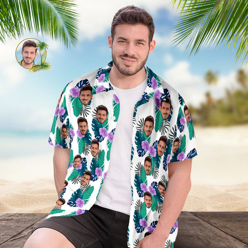 Custom Hawaiian Shirt for Men Personalized Short Sleeves Shirt with Picture Face Photo Printed Hawaii Shirt Green Flower