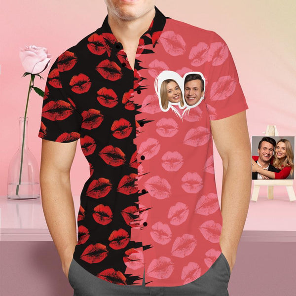 Custom Face Shirt Personalized Photo Men's Hawaiian Shirt Valentine's Day Gift Red Lips- Let's Dance