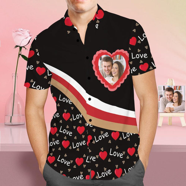 Custom Face Shirt Personalized Photo Black Hawaiian Shirt Valentine's Day Gift - Love