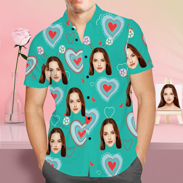 Custom Face Shirt Personalized Photo Green Hawaiian Shirt Valentine's Day Gift - Love Heart