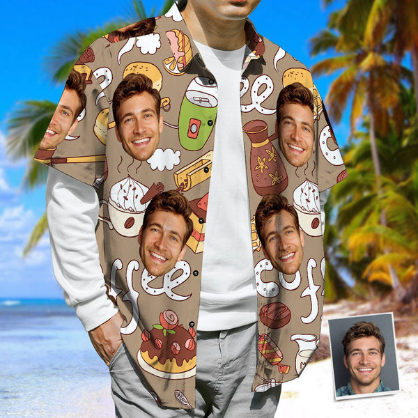 Personalized Face Hawaiian Shirt,  Coffee & Cake &Honey Casual Tropical Button-Down Shirt