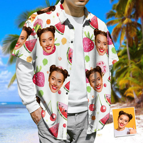 Face Print Hawaiian Shirt, Watermelon & Strawberries & Cherries Casual Beach Shirt
