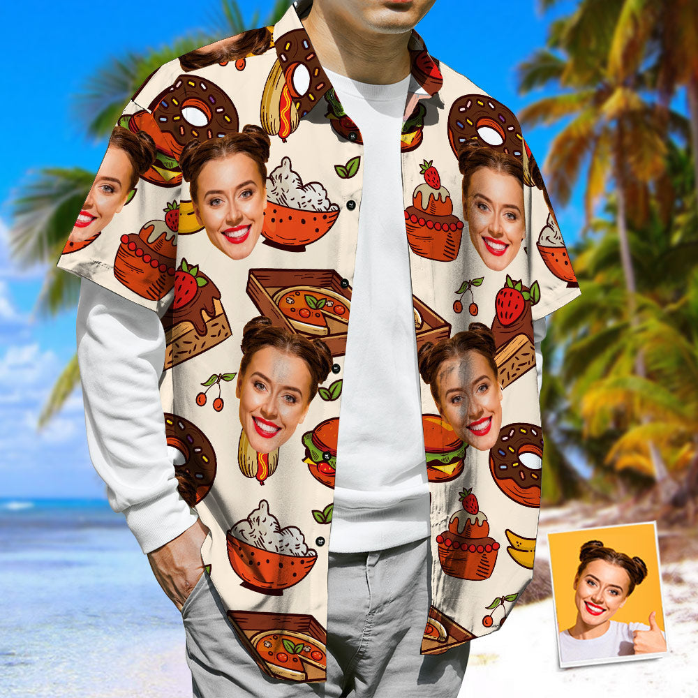 3D Face Print Hawaiian Shirt, Cheese Burger & Pizza Casual Tropical Funky Button-Down Shirt