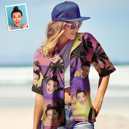 Custom Face Hawaiian Shirt for Women Personalized Women's Photo Hawaiian Shirt Gift for Her - Purple Sunset