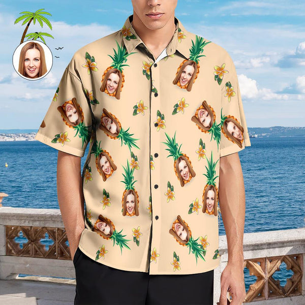 Custom Face Hawaiian Style Pineapple Pattern Tropical Floral Long Dress And Shirt Couple Outfit