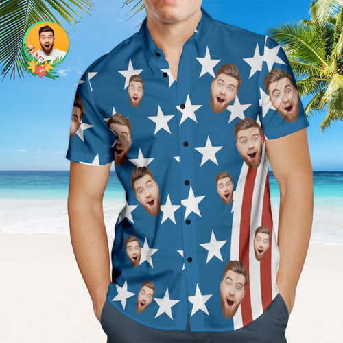 Custom Face Men's Hawaiian Shirts 4th of July American Flag Patriotic Independence Day Hawaiian Shirts
