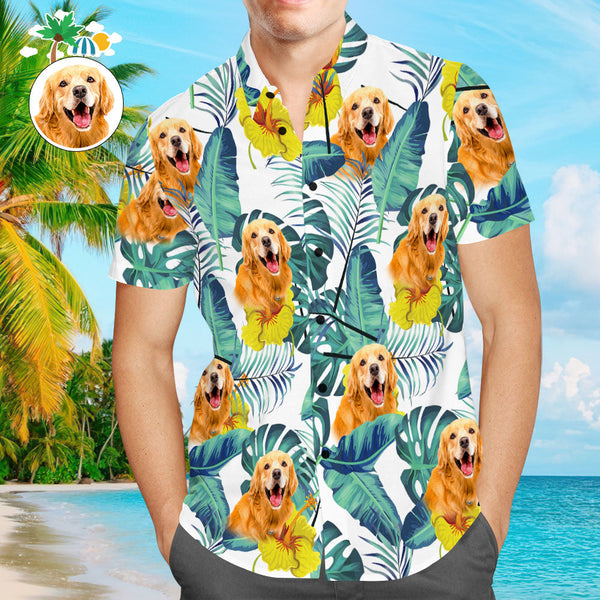 Custom Face Men Hawaiian Shirts Personalized Cute Dog Face for Pet Lover - Green Leaves