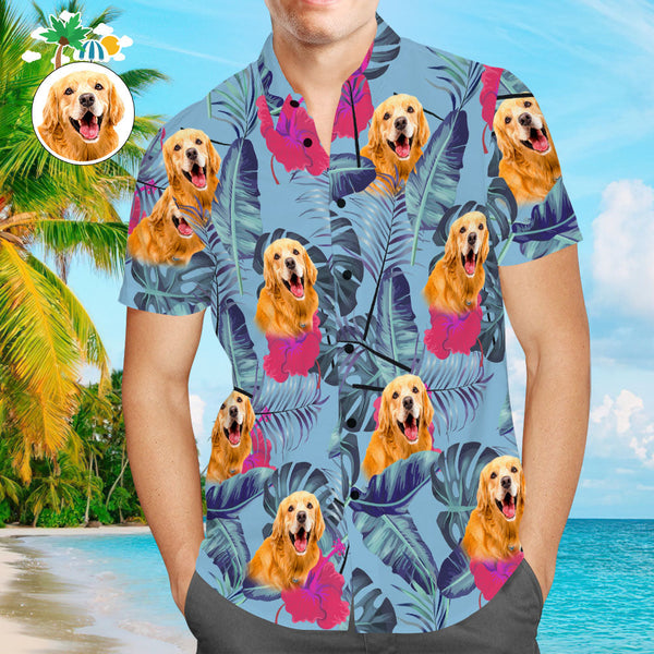 Custom Face Men Hawaiian Shirts Personalized Cute Dog Face for Pet Lover - Smoke Blue