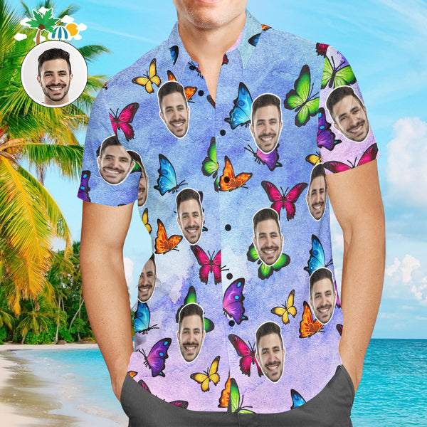 Custom Face Men Hawaiian Shirts Personalized Purple Butterfly Hawaiian Shirts For Men