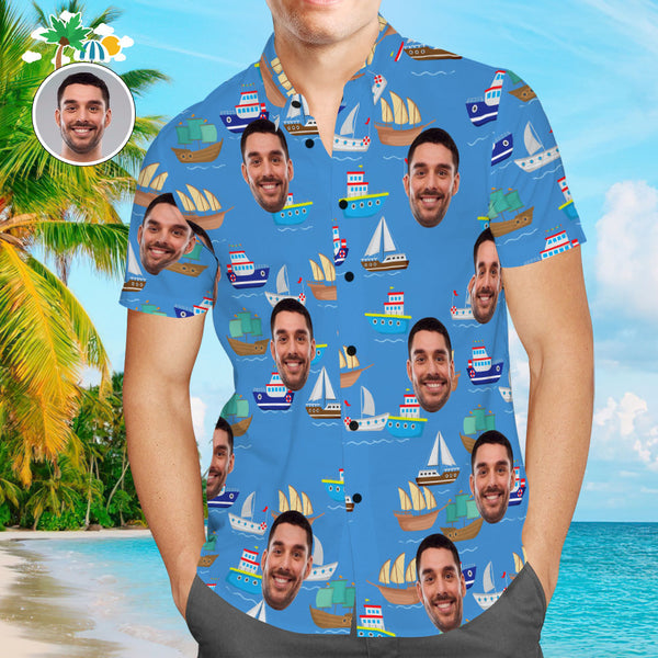 Custom Face Hawaiian Shirt Colorful Sailboat Beach Shirt Holiday Gift for Men