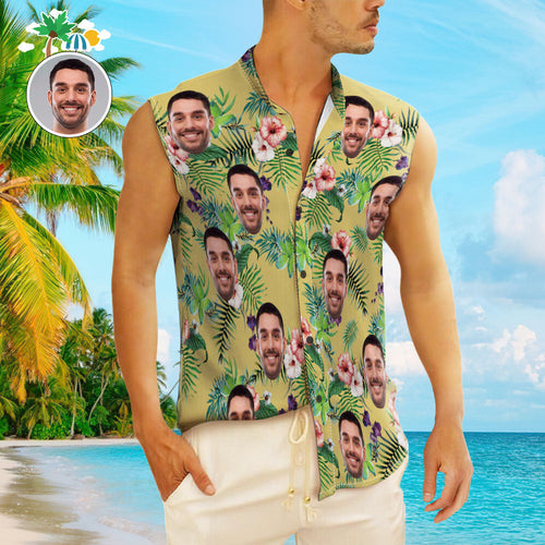 Custom Face Men's Sleeveless Hawaiian Shirts Personalized Yellow Sleeveless Shirts For Men - SantaSocks
