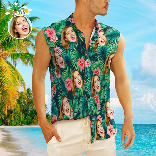 Custom Face Men's Sleeveless Hawaiian Shirts Personalized Sleeveless Shirts For Men Red Flowers - SantaSocks